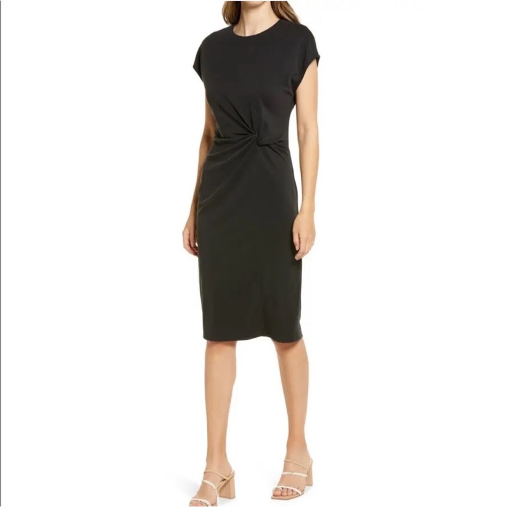 Adibosy Black Tie Front Midi Dress with Cap Dolman Sleeves | LBD